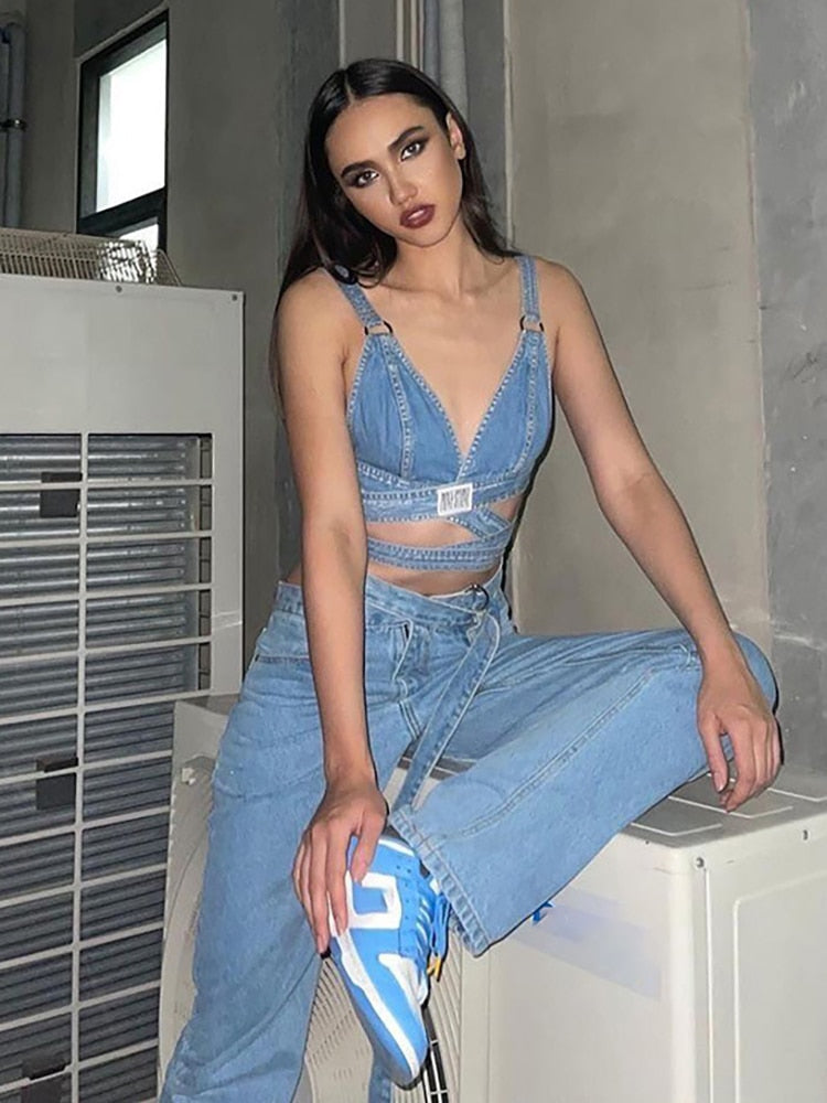 Denim Bandage V-neck backless Tops And High Waist Loose Straight Sashes Jeans Female Summer 2023