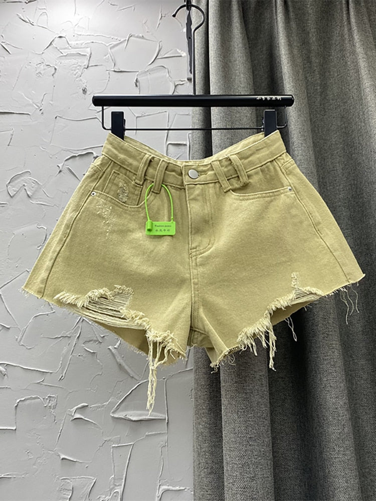 Denim Shorts High Waist Straight Solid Color Button Hollow Out Burr Short Jeans Spring 2023 New