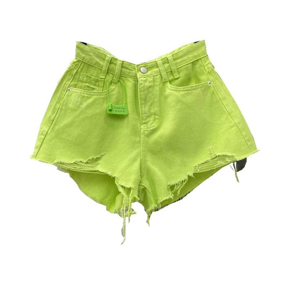 Denim Shorts High Waist Straight Solid Color Button Hollow Out Burr Short Jeans Spring 2023 New