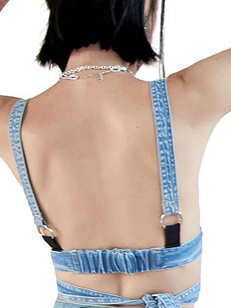 Denim Bandage V-neck backless Tops And High Waist Loose Straight Sashes Jeans Female Summer 2023