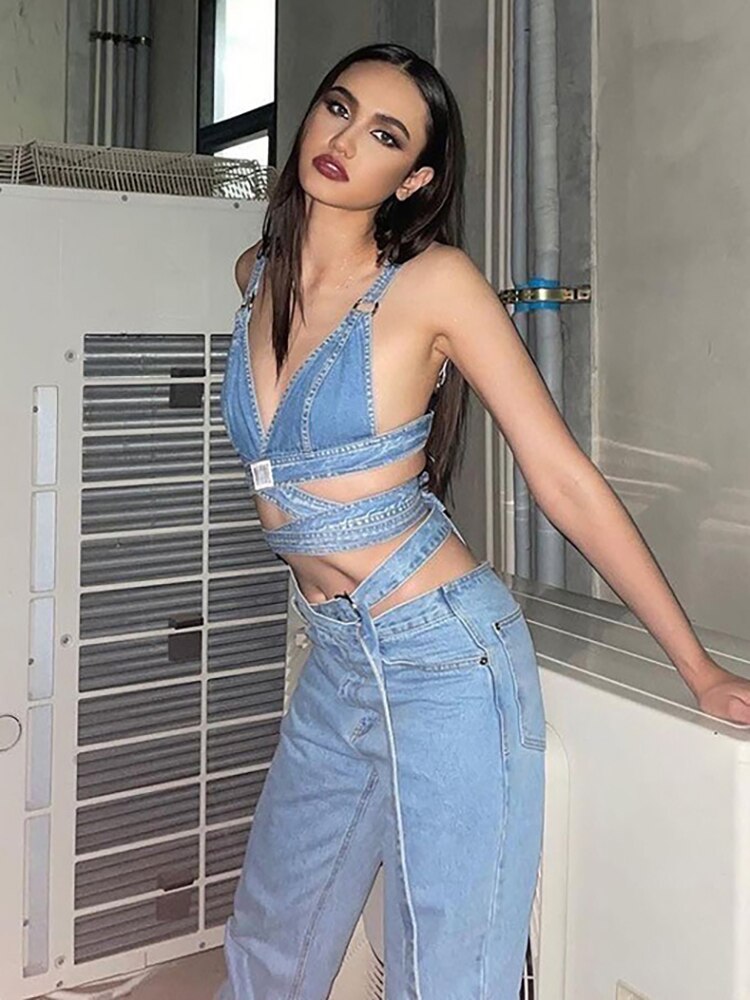 Denim Bandage V-neck backless Tops And High Waist Loose Straight Sashes Jeans Female Summer 2023