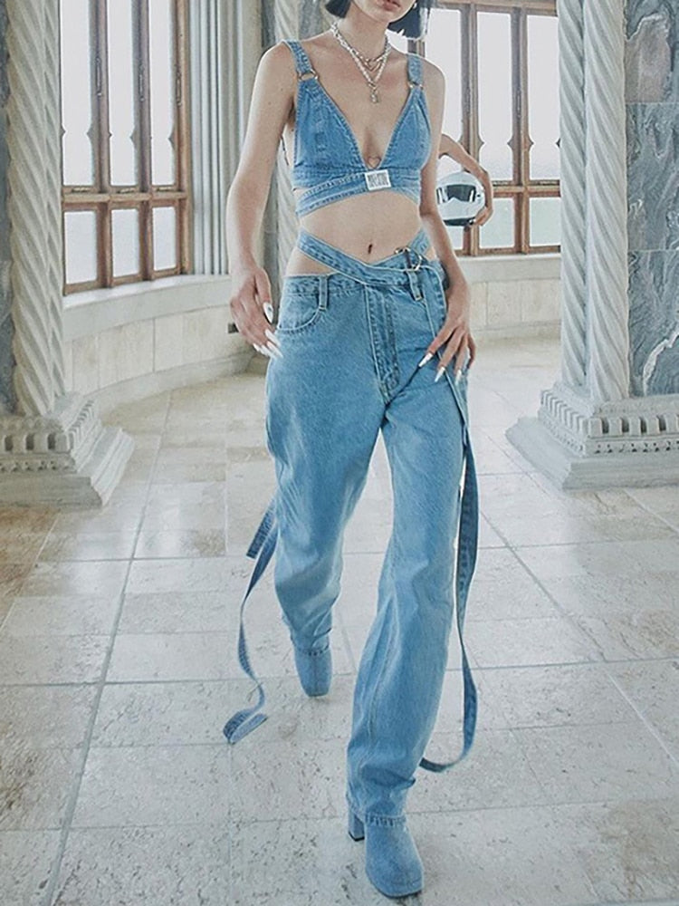 Denim Bandage V-neck backless Tops And High Waist Loose Straight Sashes Jeans Female Summer 2023
