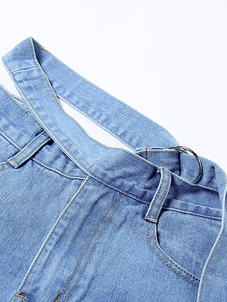 Denim Bandage V-neck backless Tops And High Waist Loose Straight Sashes Jeans Female Summer 2023