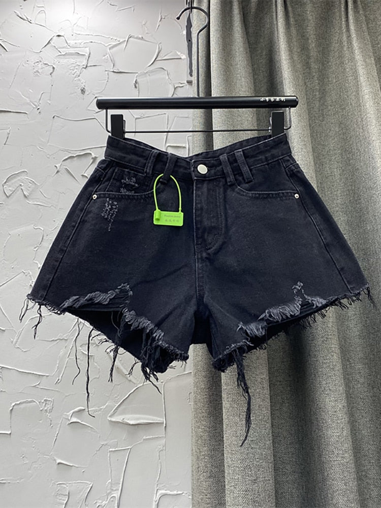 Denim Shorts High Waist Straight Solid Color Button Hollow Out Burr Short Jeans Spring 2023 New