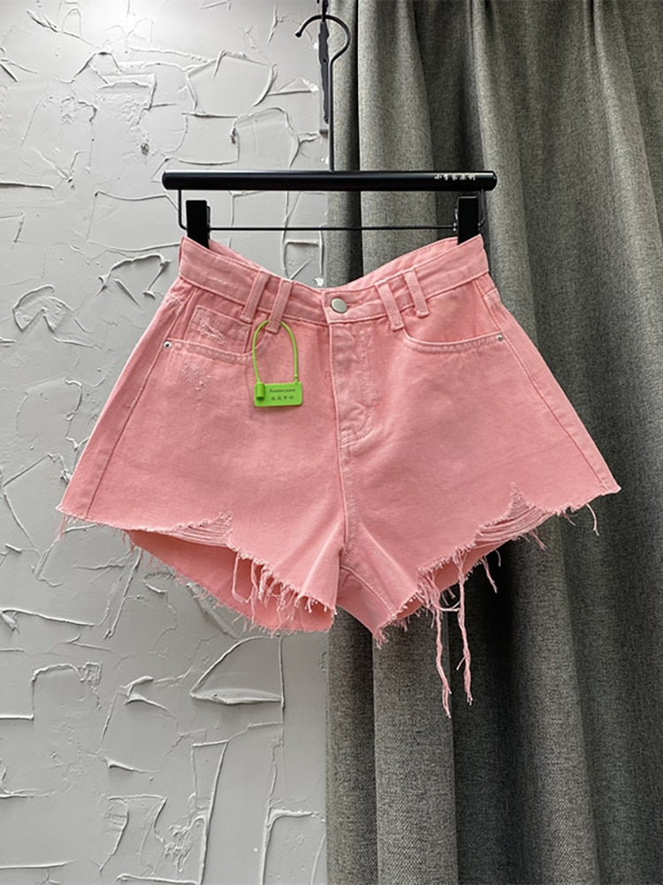Denim Shorts High Waist Straight Solid Color Button Hollow Out Burr Short Jeans Spring 2023 New