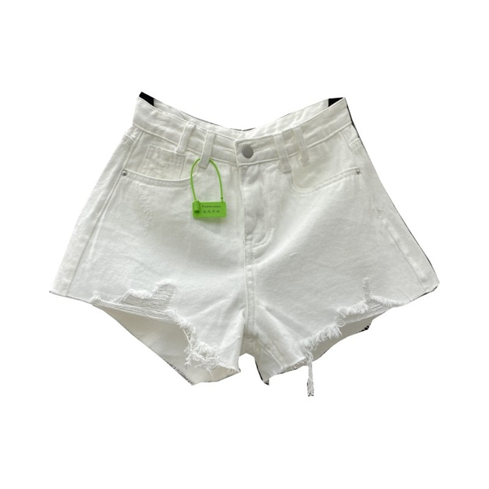 Denim Shorts High Waist Straight Solid Color Button Hollow Out Burr Short Jeans Spring 2023 New