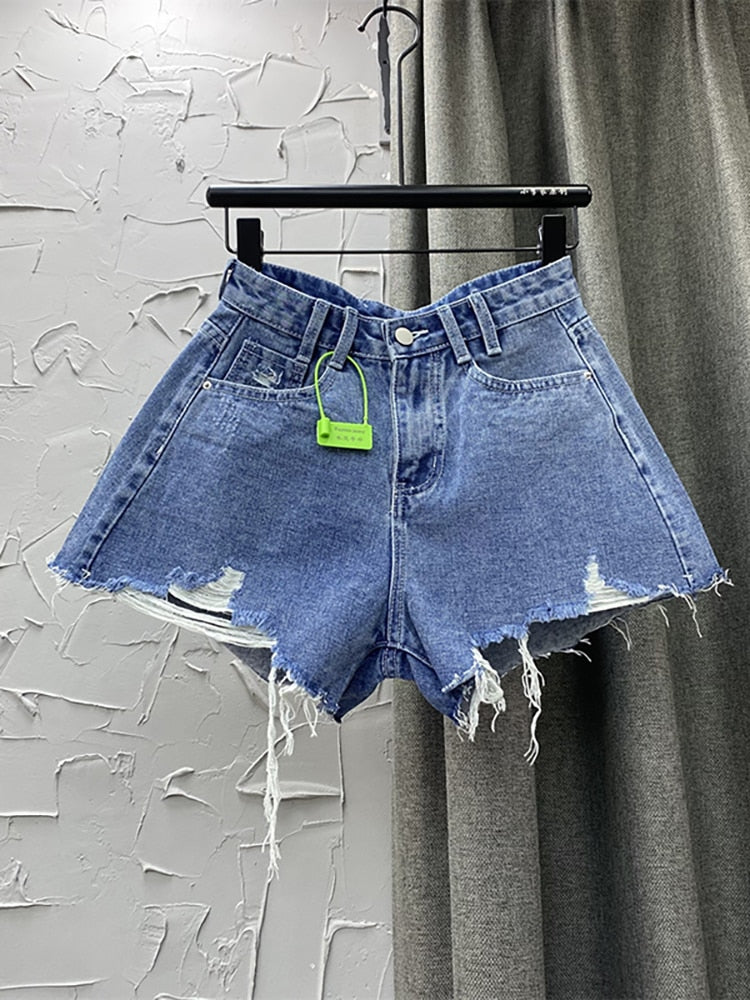Denim Shorts High Waist Straight Solid Color Button Hollow Out Burr Short Jeans Spring 2023 New