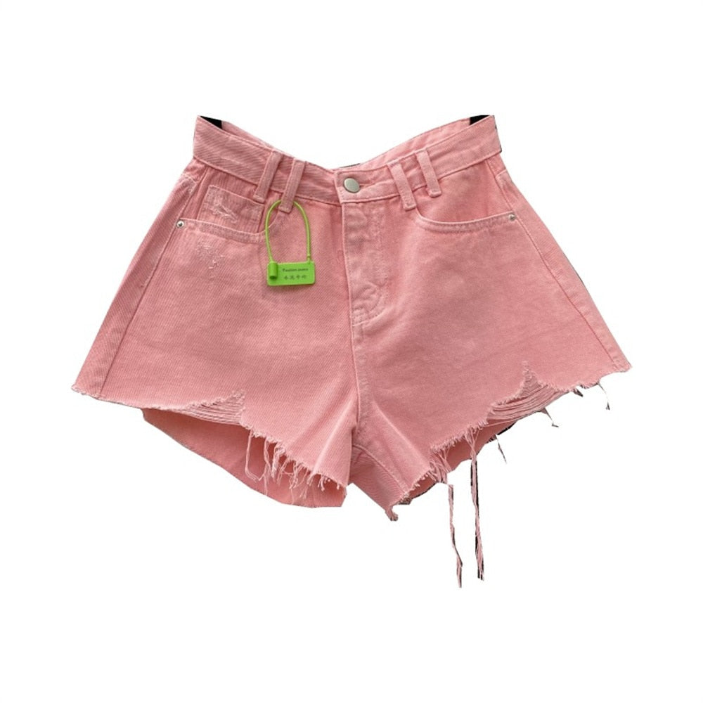 Denim Shorts High Waist Straight Solid Color Button Hollow Out Burr Short Jeans Spring 2023 New