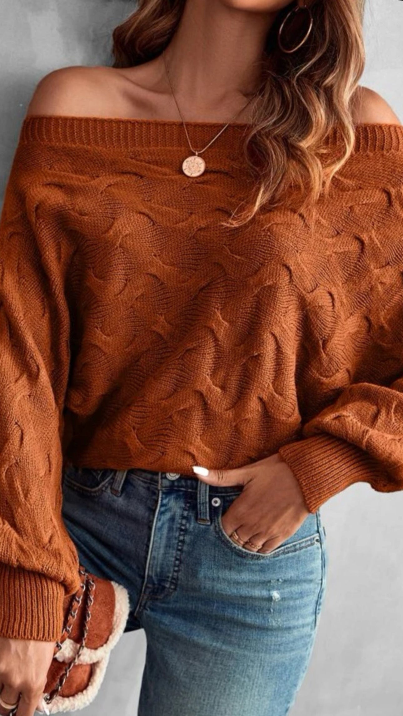 Brown drop off shoulder sweater