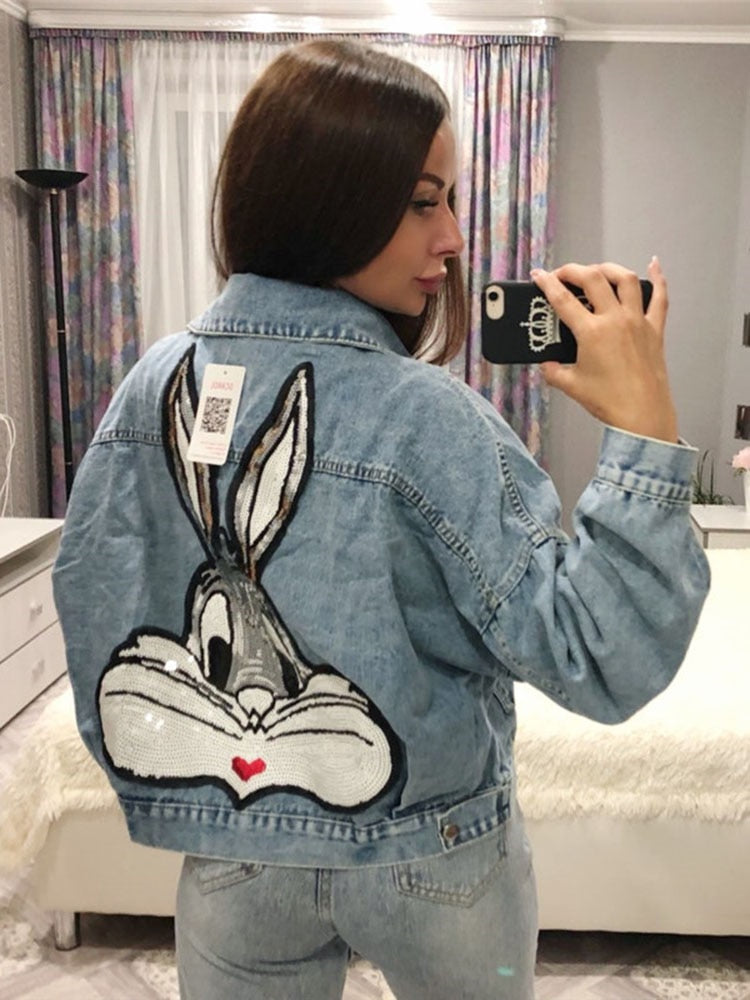 Cartoon Sequined Shine Denim Jacket Loosee Embroidered Oversize