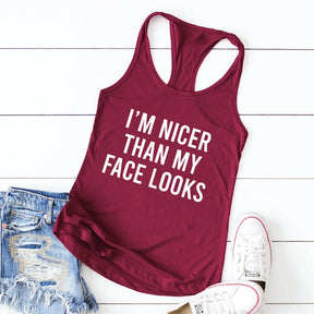 I'm Nicer Than My Face Looks Tanks Women Sarcastic Gym Workout Tops Casual Summer Sleeveless Flowy Yoga Tank Shirt