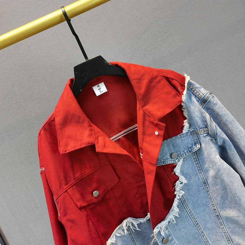 Hit Color Denim Jacket Loose Casual Streetwear Long Sleeve Jean Jacket