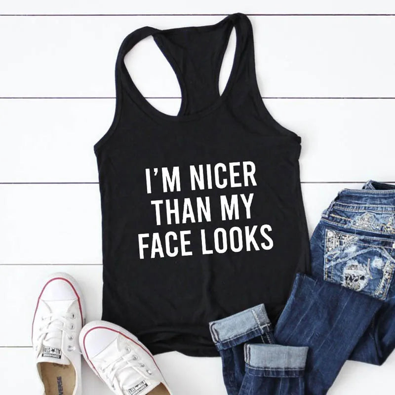 I'm Nicer Than My Face Looks Tanks Women Sarcastic Gym Workout Tops Casual Summer Sleeveless Flowy Yoga Tank Shirt