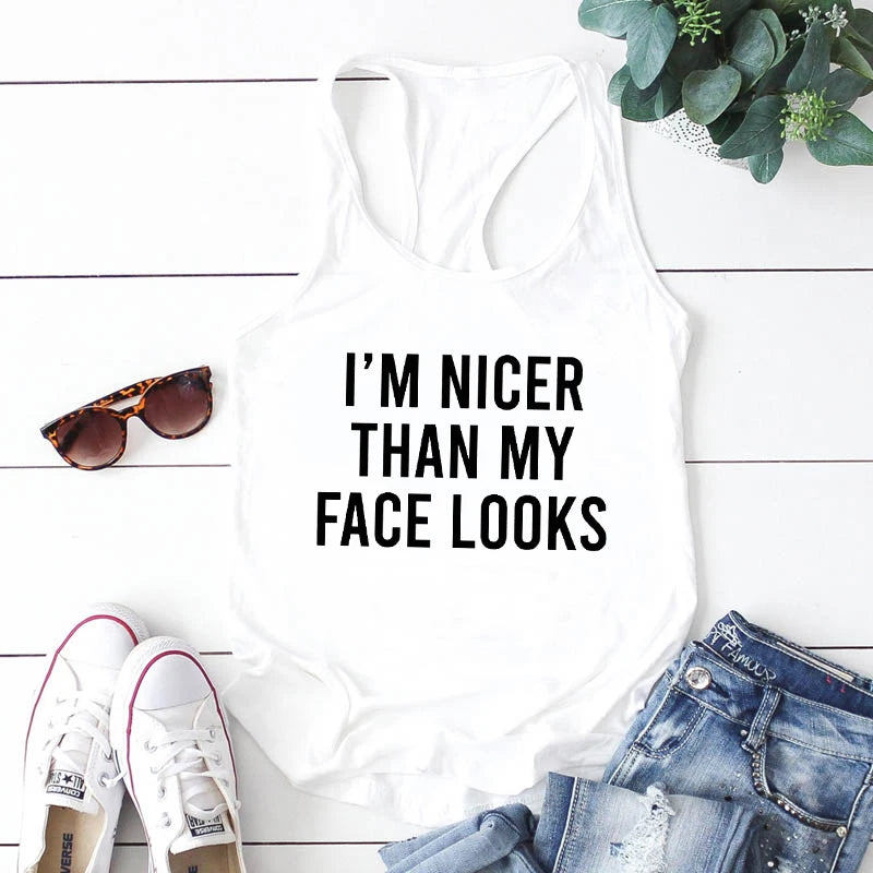 I'm Nicer Than My Face Looks Tanks Women Sarcastic Gym Workout Tops Casual Summer Sleeveless Flowy Yoga Tank Shirt