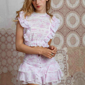 Set elastic top with ruffle mini shorts skirts