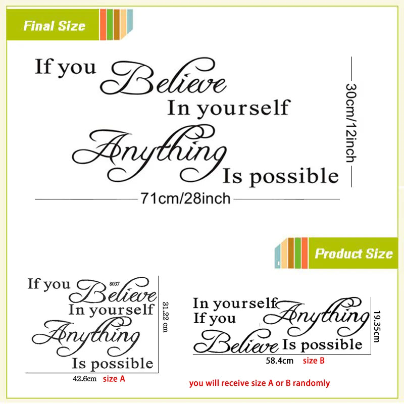 "If You Believe In Yourself Anything Is Possible" Inspirational Quotes Wall Decals Decorative Stickers Vinyl Art Home Decor