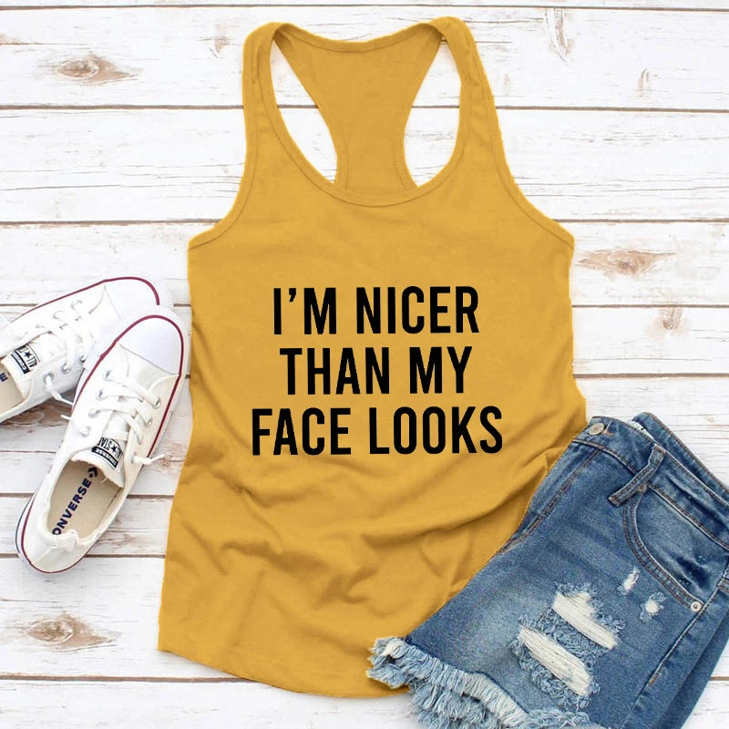 I'm Nicer Than My Face Looks Tanks Women Sarcastic Gym Workout Tops Casual Summer Sleeveless Flowy Yoga Tank Shirt