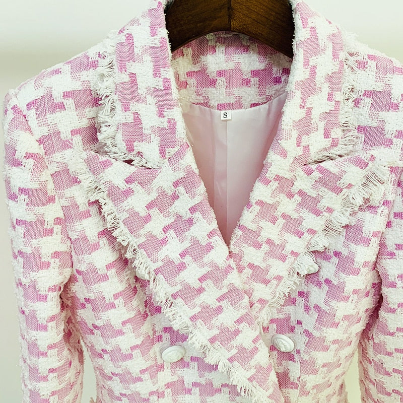 Designer Jacket Women's Lion Buttons Tassel Fringed Houndstooth Blends Tweed Blazer