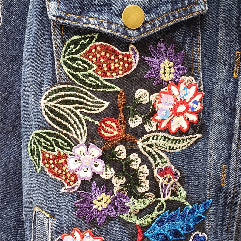 Heavy work Flower embroidery Hole Denim jacket Women Streetwear
