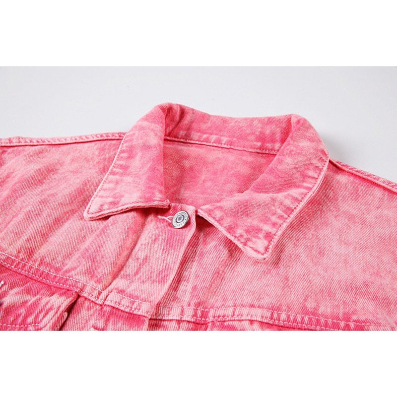 Vintage Short Pink Tie-dye Denim Jacket Women