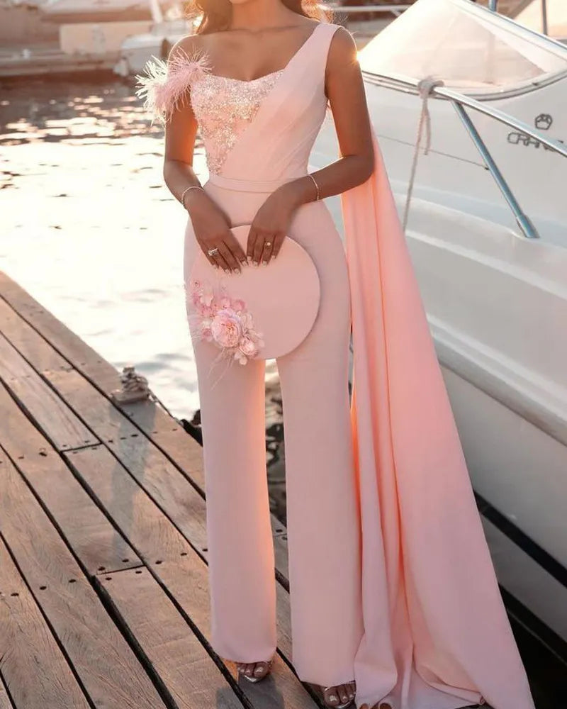 one-shoulder pink evening dress for ladies elegant sexy nightclub pants jumpsuit