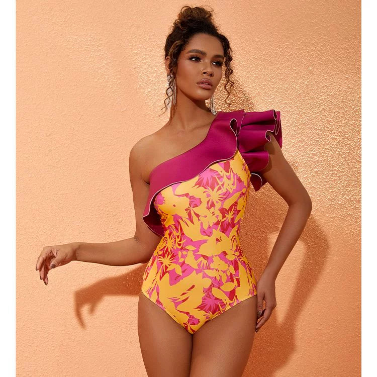 Swimsuit New Classy Niche Design Print off-Shoulder Clavicle One-Piece Swimsuit Slim Looking