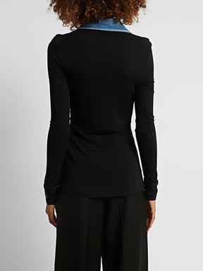 Women's Shirt Lapel Long Sleeves Single Breasted Spliced Denim Cotton Blouse Designer