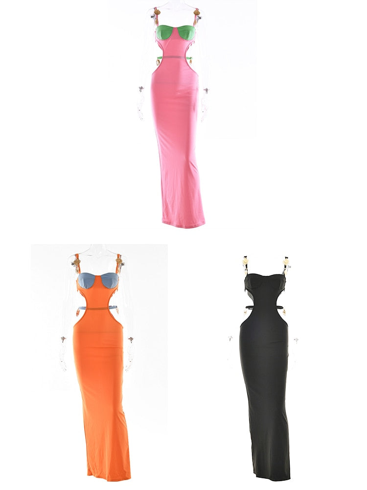 Sexy Beaded Contrasting Colors Low-cut Summer Elegant Sleeveless Maxi Dresses