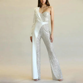 Jumpsuit Elegant One Shoulder Sequin Jumpsuit with Wide Leg Tight Waist