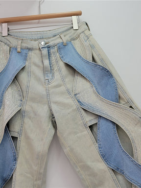 Women's Jeans High Waist Contrast Color Cross Hollow Out Diamonds Straight Denim Pants