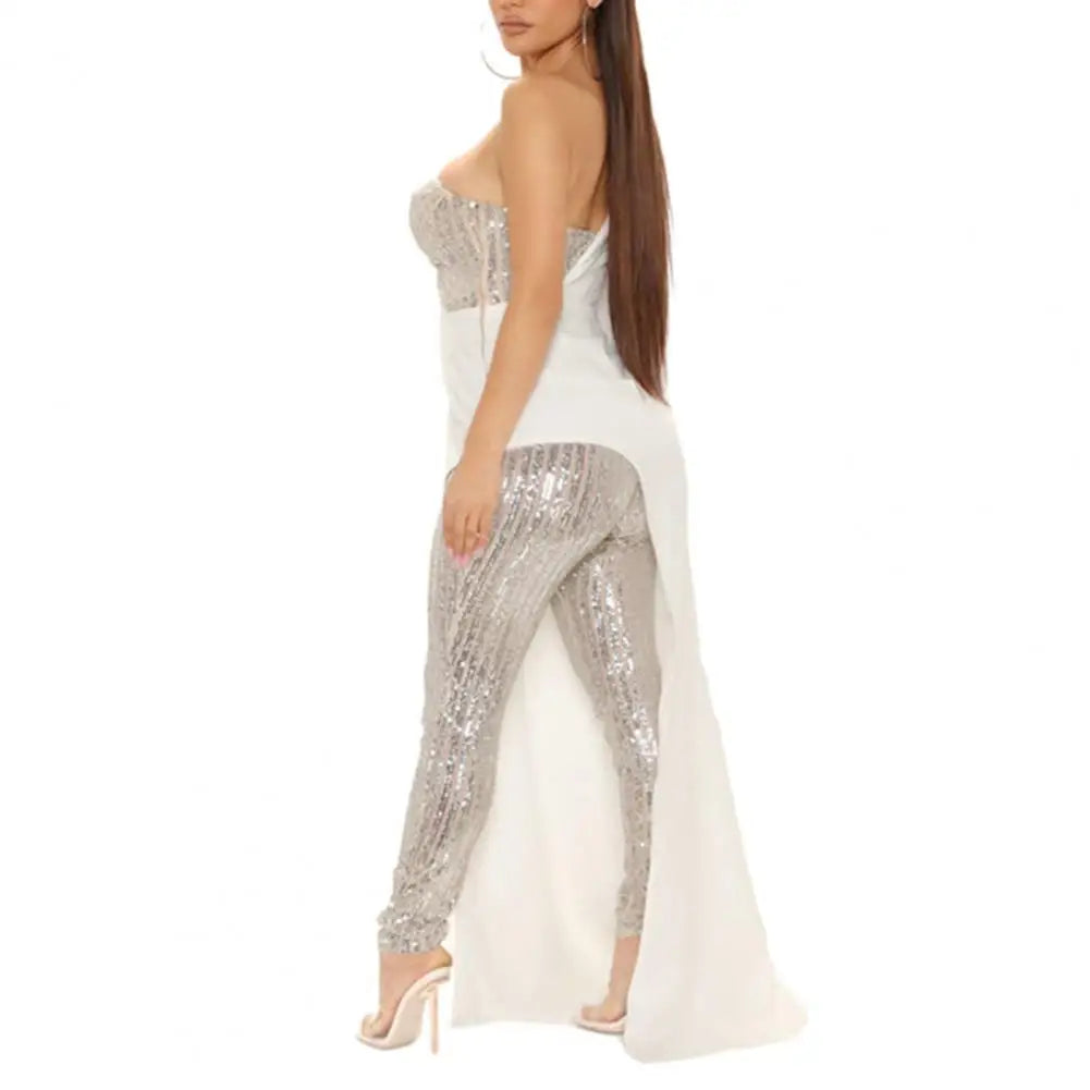 Jumpsuit Elegant One Shoulder Sequin Jumpsuit with Wide Leg Tight Waist