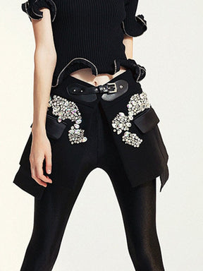 Fashion Bead Patchwork PU Leather Girdle Temperament Streetwear Above Knee Black Skirt