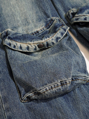 Denim Pants Pockets Mid Waist Zipper Loose Pockets Washed Blue Wide Leg Jeans