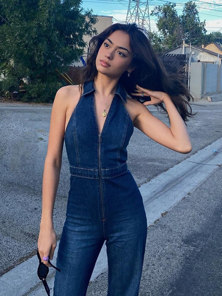 Denim Jumpsuit V Neck Zipper Bell Sleeveless Sexy Outifts Elegant Backpacker