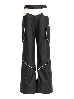 Leather Pants Loose Contract Color Spliced Pockets Straight Wide Leg Trousers