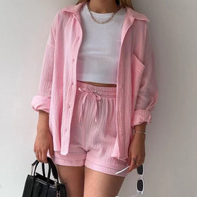 Summer Fashion Chic Pleated Lapel Shirts Sets Women Long Sleeve Blouses High Waist Shorts Sets