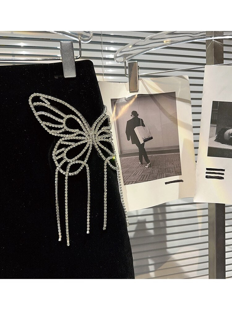 HIGH STREET Newest 2023 Designer Skirt Women's Big Butterfly Diamonds Beaded Tassel Velvet Skirt