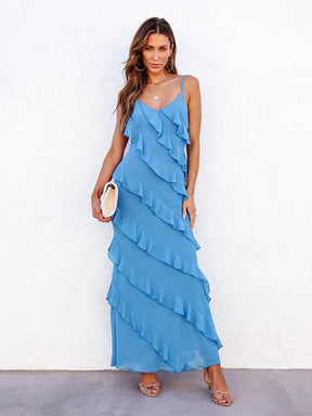 Sexy V Neck Spaghetti Strap Ruffle Dress Summer Sundress Woman Evening Party Dress Elegant Side Split Club Party Dresses