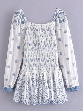 Puff Sleeve Embroidery White Blue Floral Body Elastic Ruched Mini Dress Woman Low Waist Ruffles Hem Holiday Robe