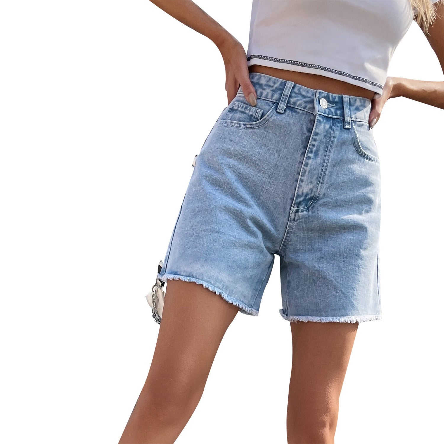 High Waist  Denim Shorts Casual Female Loose Straight Button Jeans Bermuda Shorts