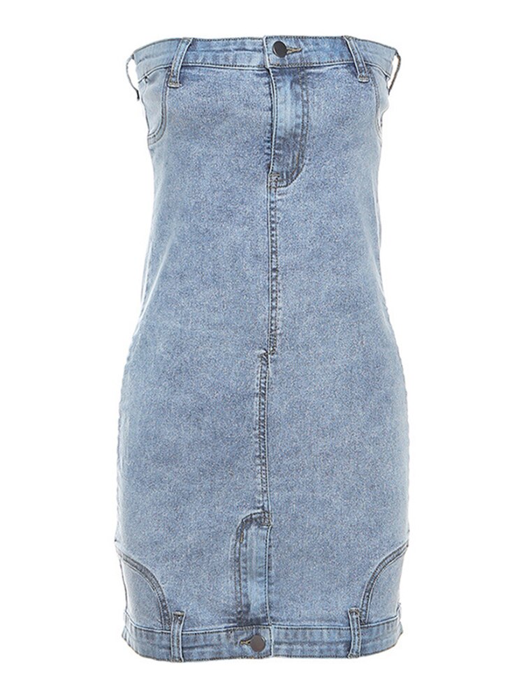 Denim Dress Slash Neck Sleeveless Zipper Washed Slim Blue