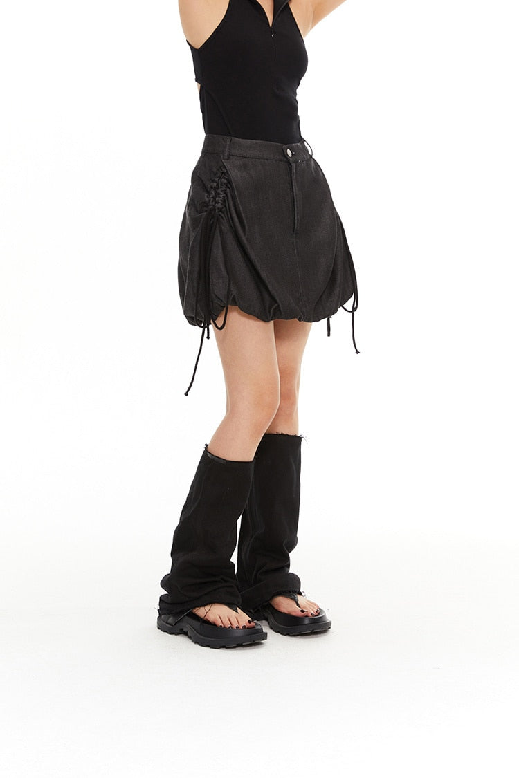 Drawstring High Waist Denim Folds Black A-line Mini Skirts