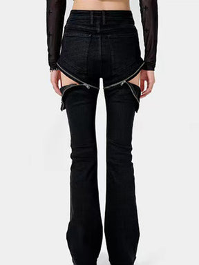 Jeans Zipper Flare Pants Slim High Waist Spliced Zipper Hollow Out Denim Trousers