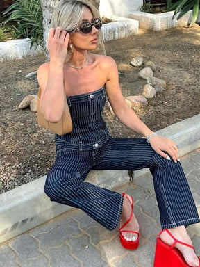 New Fashion Denim Striped Tight Tube Top Women Suits Chic Street Party Holiday Youth Two-piece