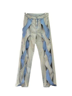 Women's Jeans High Waist Contrast Color Cross Hollow Out Diamonds Straight Denim Pants