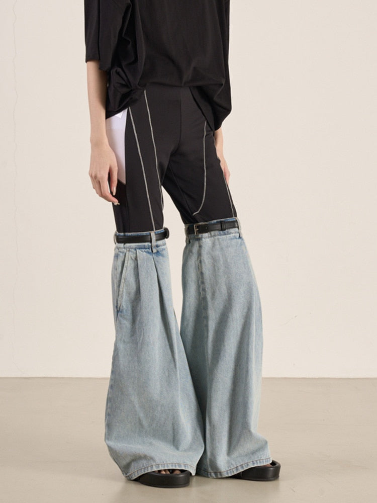 Women's Jeans Elastic High Waist Line Strap Patchwork Design Contact Color Denim Pants