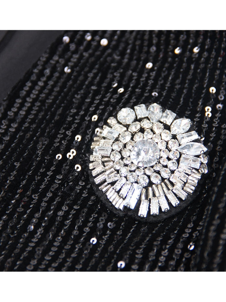 Designer Fashion Suit Set Women Diamonds Beaded Badge Sequined Trimmed Jacket Spaghetti Dress 2pcs Set