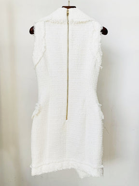 Fall Winter Designer Fashion Women Sleeveless Fringed Tweed Notched Lapel Asymmetrical Dress