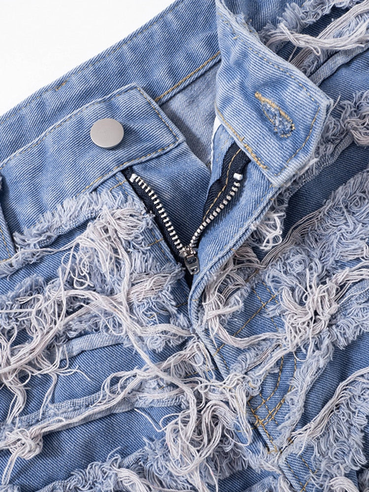 Cotton Short Jeans Tassel High Waist Hole Zipper Slim Solid Color Denim