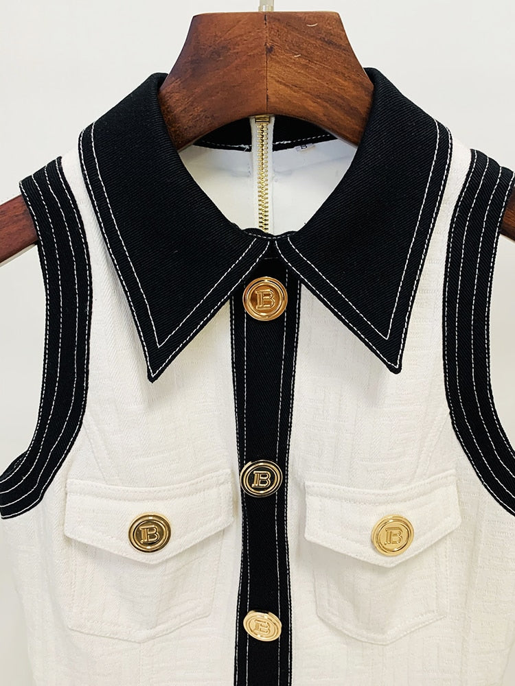Designer Women's Shirt Collar Color Block Denim Patchwork Monogram Jacquard Sleeveless Tank Dress